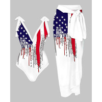 Independence Day Flag Print Tied Detail One Piece Swimsuit With Cover Up - Multicolor