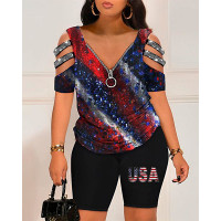 Independence Day Flag Print Top & Shorts Set - Multicolor