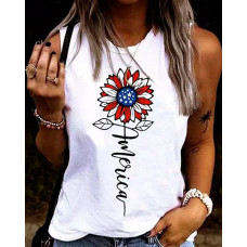 Independence Day Flag Sunflower Letter Print Tank Top - white