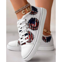 Independence Day Flag Sunflower Print Raw Hem Sneakers - blue&red