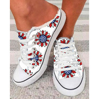 Independence Day Flag Sunflower Raw Hem Canvas Slipper Sneakers - blue&red