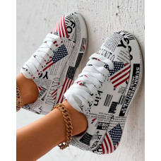 Independence Day Newpaper Flag Print Lace-up Casual Sneakers - Multicolor