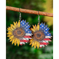 Independence Day Wooden Sunflower Pattern Drop Earrings - blue