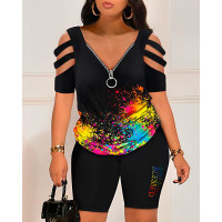 Ink Splash Grateful Thankful Blessed Print Top & Shorts Set - black