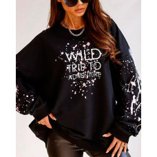 Ink Splash Letter Print Long Sleeve Sweatshirt - black