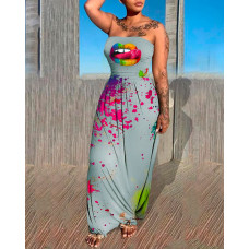 Ink Splash Lip Print Bandeau Maxi Dress - gray