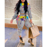 Ink Splash Print Long Sleeve Hooded Sweatshirt & Pants Set - gray