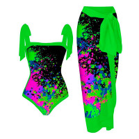 Ink Splash Print One Piece Swimsuit With Cover Up - green