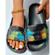 Ink Splash Print Platform Beach Slippers - black