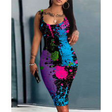 Ink Splash Print Sleeveless Bodycon Dress - black