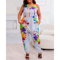 Ink Splash Print Sleeveless Pocket Design Jumpsuit - gray