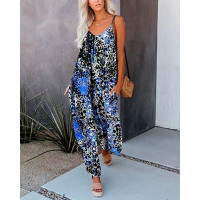 Ink Splash Print Sleeveless V-Neck Jumpsuit - blue