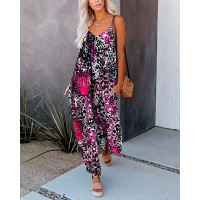 Ink Splash Print Sleeveless V-Neck Jumpsuit - hot pink