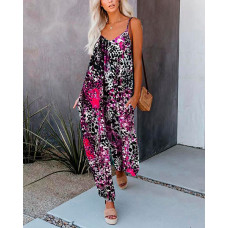 Ink Splash Print Sleeveless V-Neck Jumpsuit - hot pink