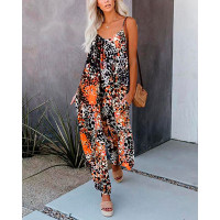 Ink Splash Print Sleeveless V-Neck Jumpsuit - orange