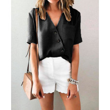 Irregular Button V-neck Short-sleeved Top - black