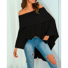 Irregular Off Shoulder Dip Hem Casual Blouse - black