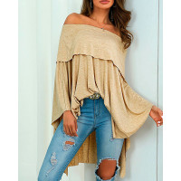 Irregular Off Shoulder Dip Hem Casual Blouse - khaki