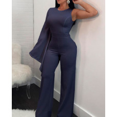 Irregular One Sleeve Wide Leg Jumpsuit - black,dark blue