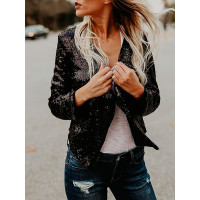 Irregular Open Front Sequined Jacket - gold,black