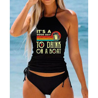 It's A Good Day To Drink On A Boat Print Drawstring Halter Tankini Set - black