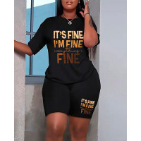 It's Fine I'm Fine Everything's Fine Print Casual Top & Shorts Set - black