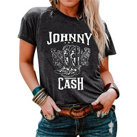 Johnny Cash Print T-shirt Western Country Music Graphic Tee - gray