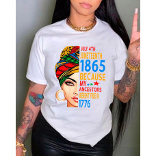 Juneteenth Figure Letter Print Crew Neck T-shirt - white