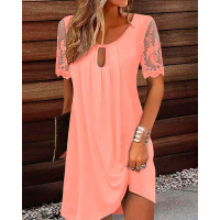 Keyhole Neck Crochet Lace Casual Dress - pink