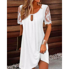 Keyhole Neck Crochet Lace Casual Dress - white