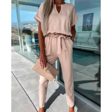 Keyhole Neck Tied Detail Casual Jumpsuit - Apricot