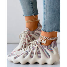 Knit Breathable Lace-up Sneakers - beige