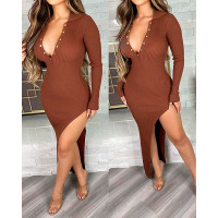 Knit Button Front Backless High Slit Dress - brown