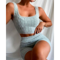 Knit Fluffy Crop Top & High Waist Shorts Set - gray