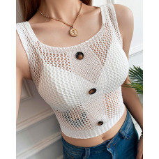 Knit Hollow Out Buttoned Crop Top - white