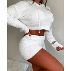 Knit Long Sleeve Hooded Crop Top & Shorts Set - white