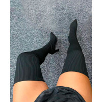 Knit Point Toe Over The Knee Boots - black