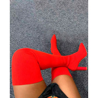 Knit Point Toe Over The Knee Boots - red