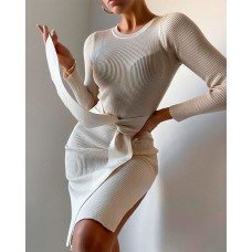 Knit Tied Detail Long Sleeve Bodycon Dress - white