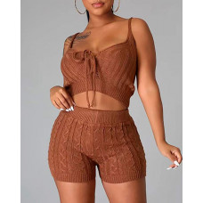 Knit Tied Detail Top & High Waist Shorts Set - Dark Brown