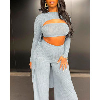 Knit Tube Top & Long Sleeve Crop Top & Pants Set - gray