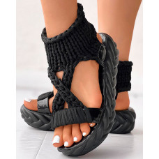 Knitted Cutout Crisscross Muffin Sandals - black