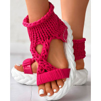 Knitted Cutout Crisscross Muffin Sandals - hot pink