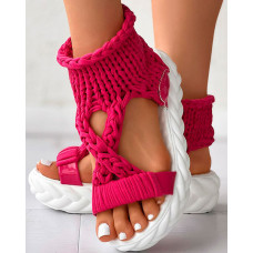 Knitted Cutout Crisscross Muffin Sandals - hot pink