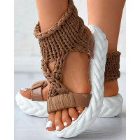 Knitted Cutout Crisscross Muffin Sandals - khaki