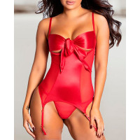 Knot Cutout Front Lace-up Sleeveless Lingerie Set - red