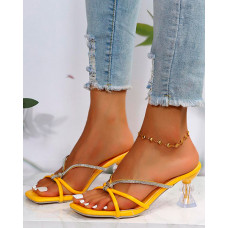 Knot Rhinestone Multi Strap Pyramid Heels - yellow