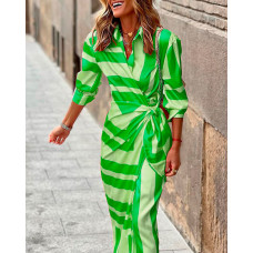 Knotted Colorblock Striped Print Shirt Dress - green