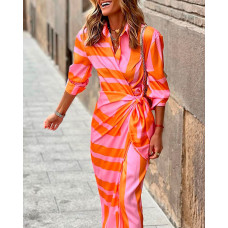 Knotted Colorblock Striped Print Shirt Dress - orange