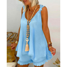 Knotted Detail Flowy Tank Top & Shorts Set - blue